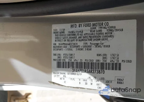 2010 Ford Fusion Sel z USA, uszkodzony, nr VIN 3FAHP0JA5AR273870